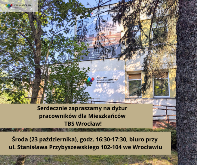 Środa, 23 października: zapraszamy na dyżur Prezesa i pracowników dla naszych mieszkańców